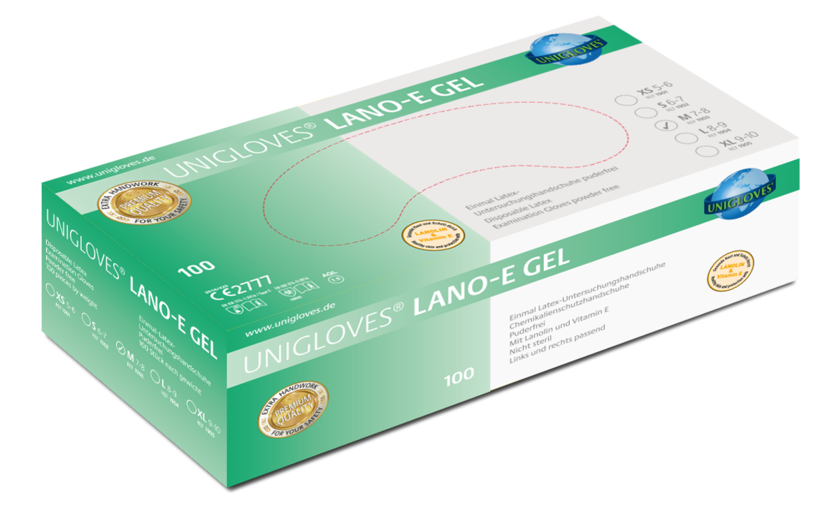 Unigloves Lano-E gel latex disposable gloves powder free 